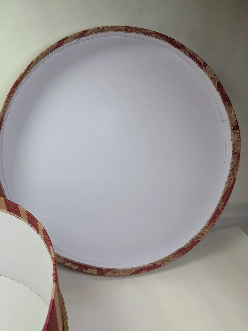 Vintage Red Fabric Covered Round Hat Box Padded Damask Lid Striped Storage 16
